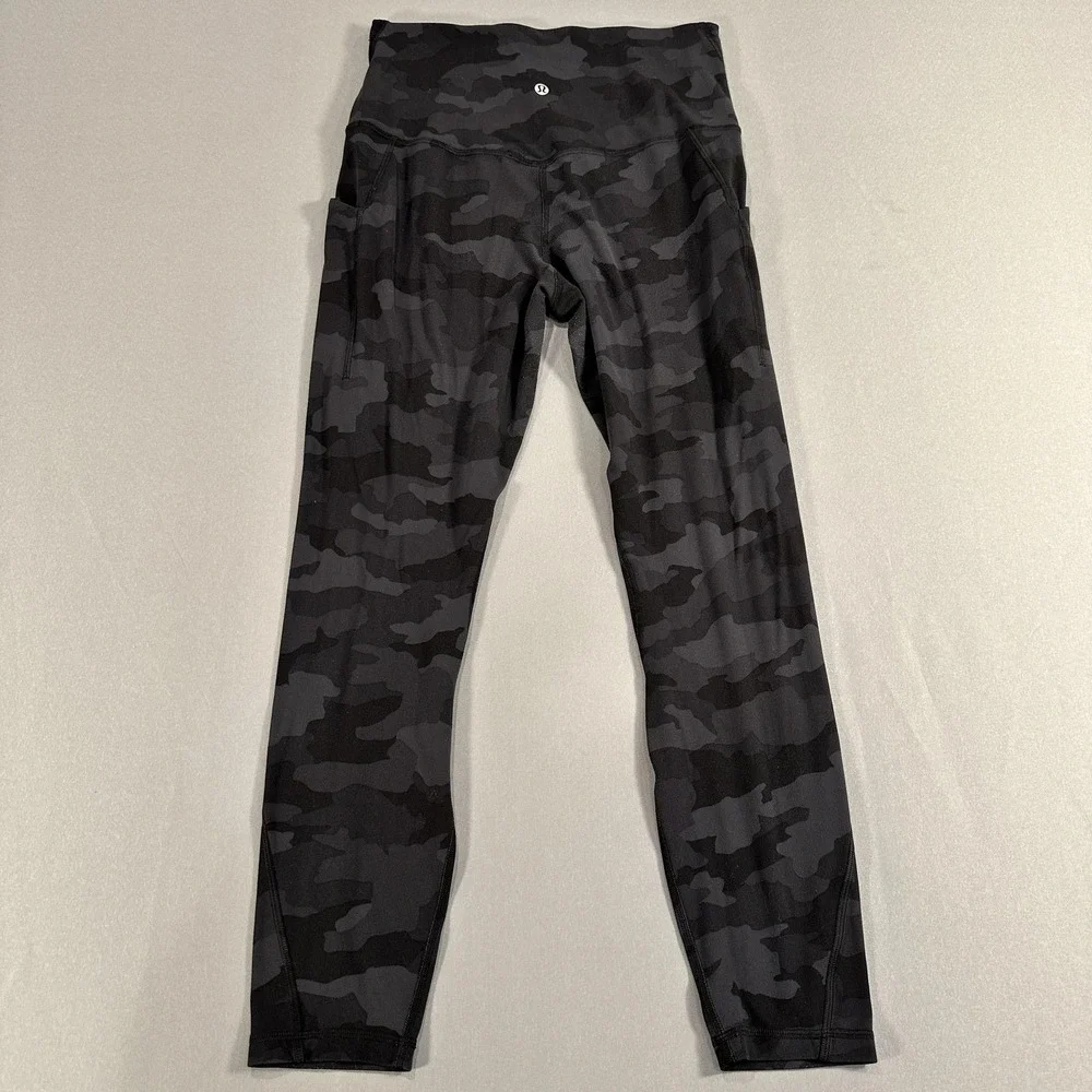 Lululemon Leggings Womens 10 Black Camo High Rise Ankle Pockets Yoga Athletic